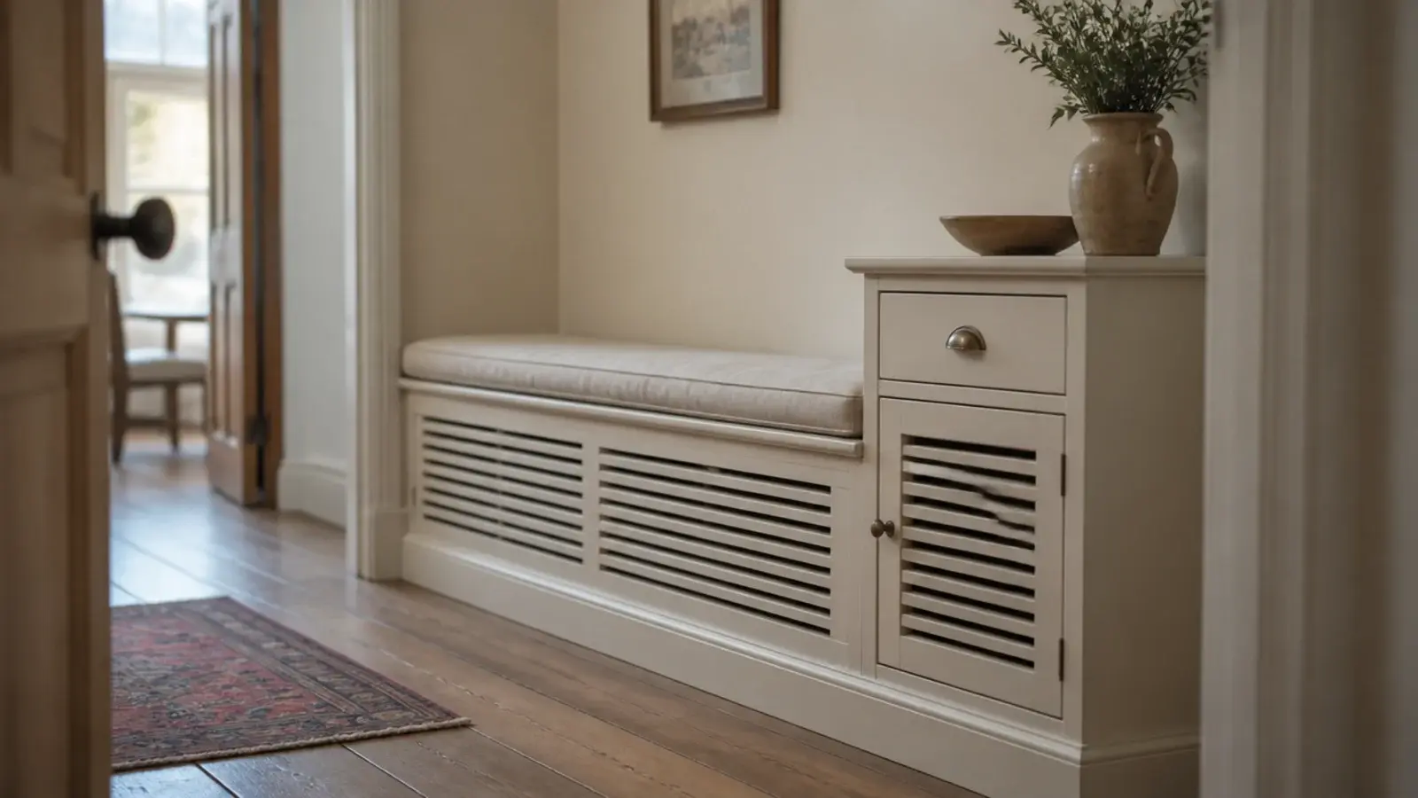 slatted radiator cover bench with vented shoe cabinet alongside it