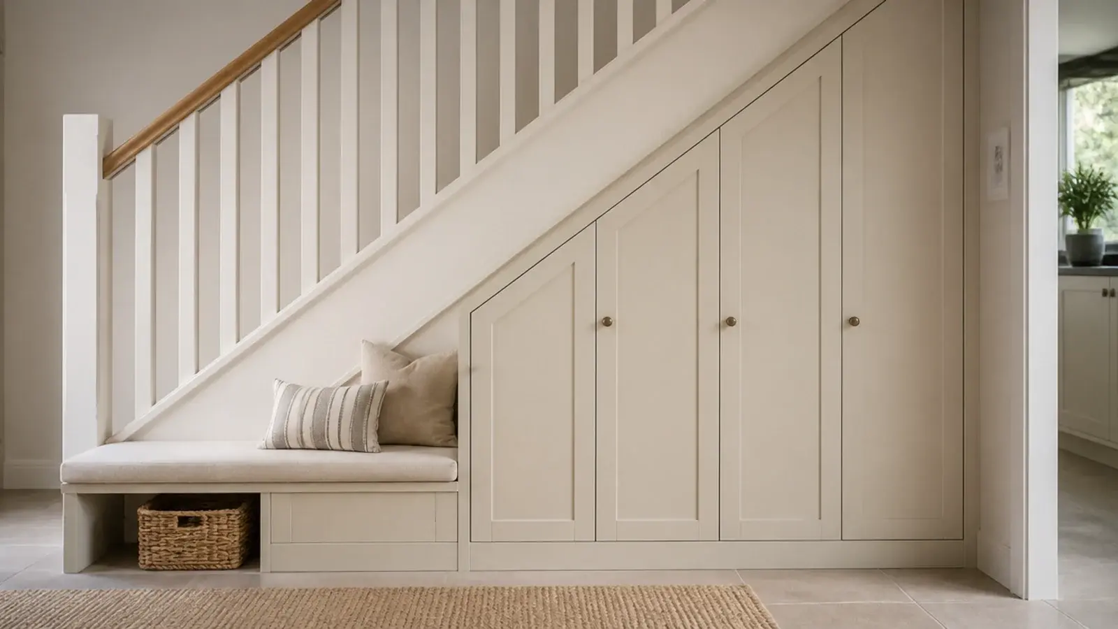 under stair bench with angled shoe cabinet fronts following the stringer