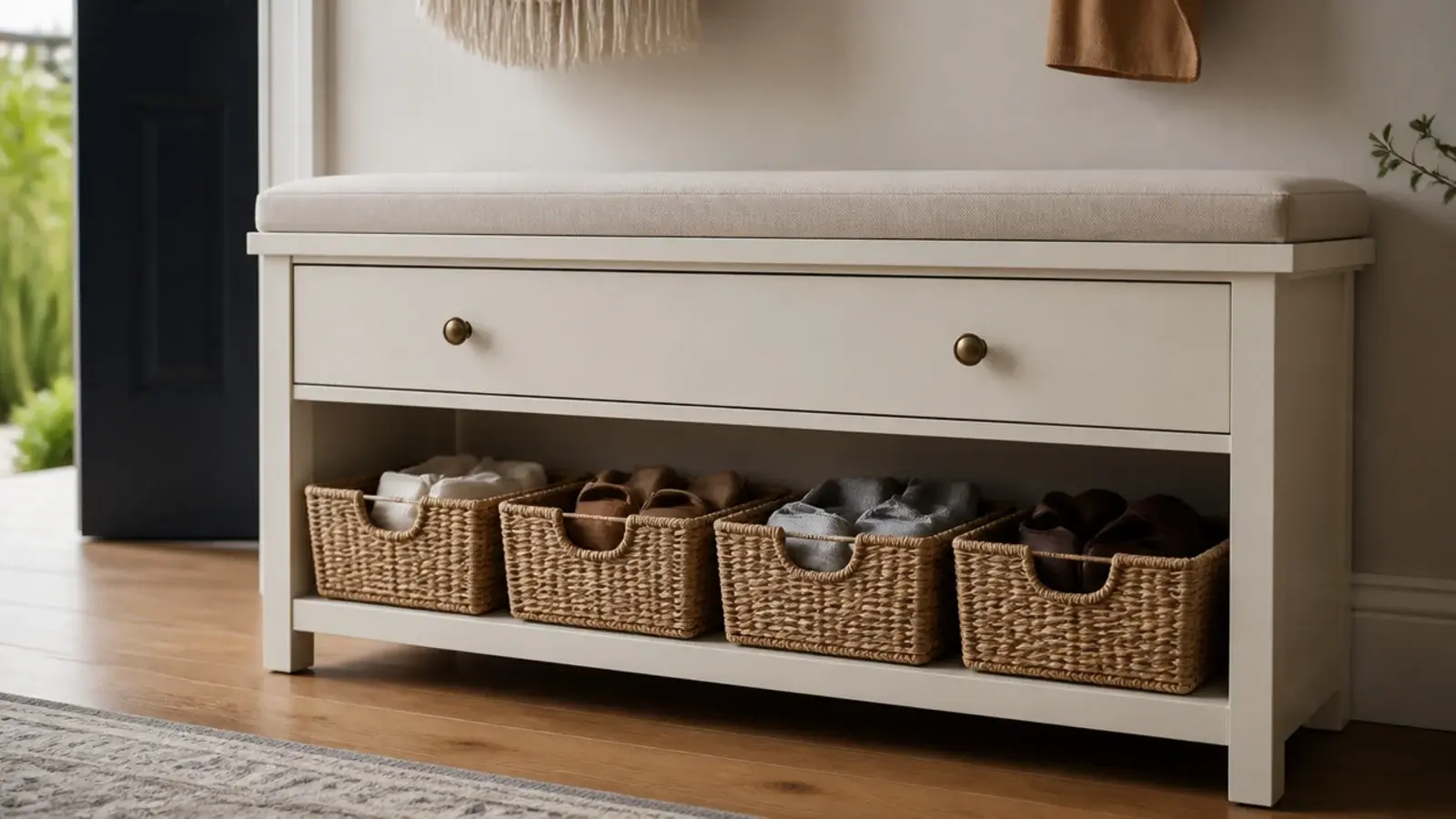 woven baskets lined up in the open tier beneath a bench cabinet