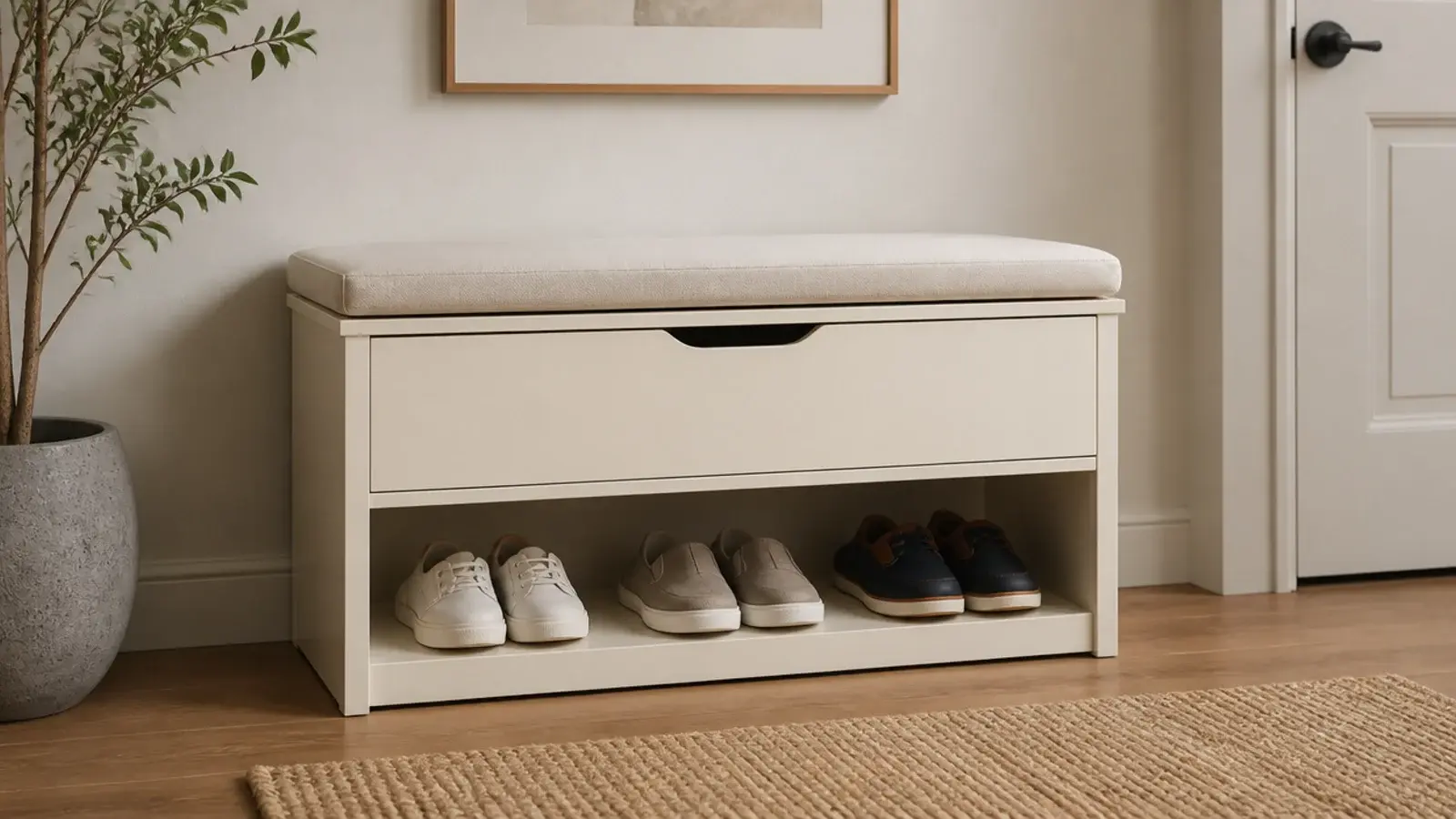 bench cabinet with a closed drawer above and open shoe shelf below