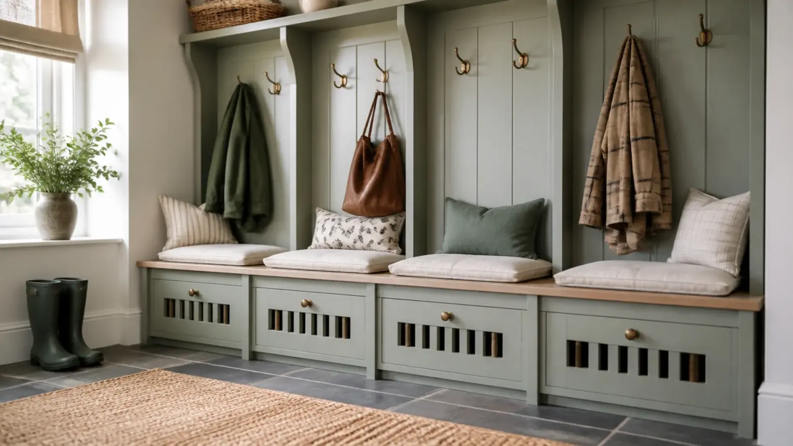 mudroom bench run with a separate shoe cabinet bay for each person