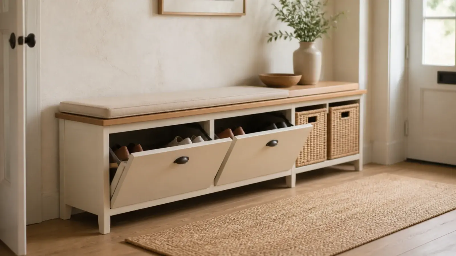 shoe cabinet bench in a cream entryway with linen cushion and baskets