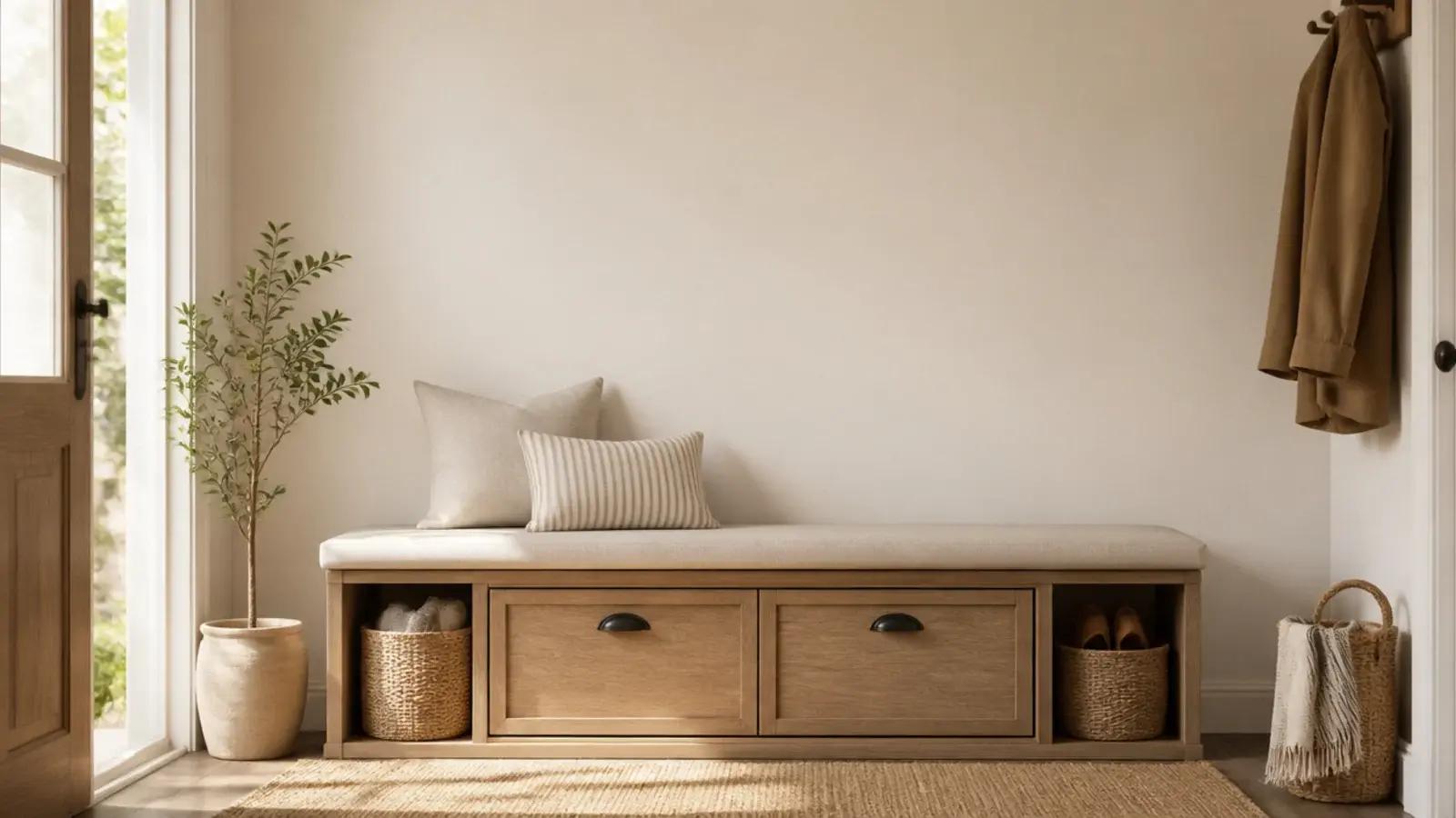 vertical entryway shoe cabinet bench with linen cushion and woven baskets
