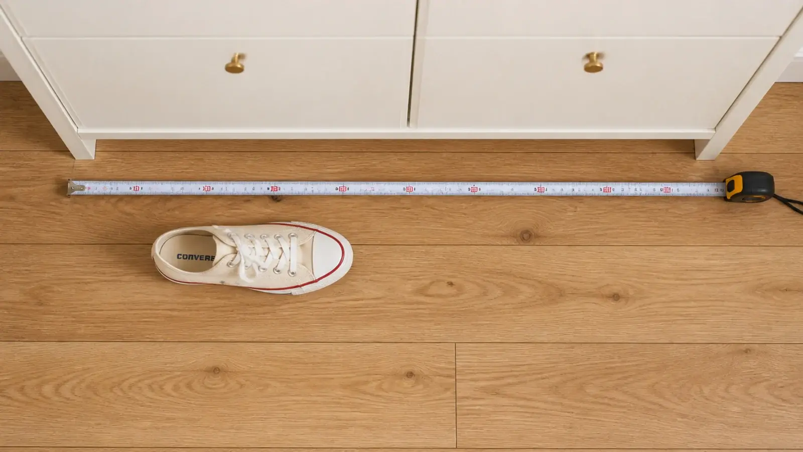 tape measure across a hallway floor beside a slim cream shoe cabinet