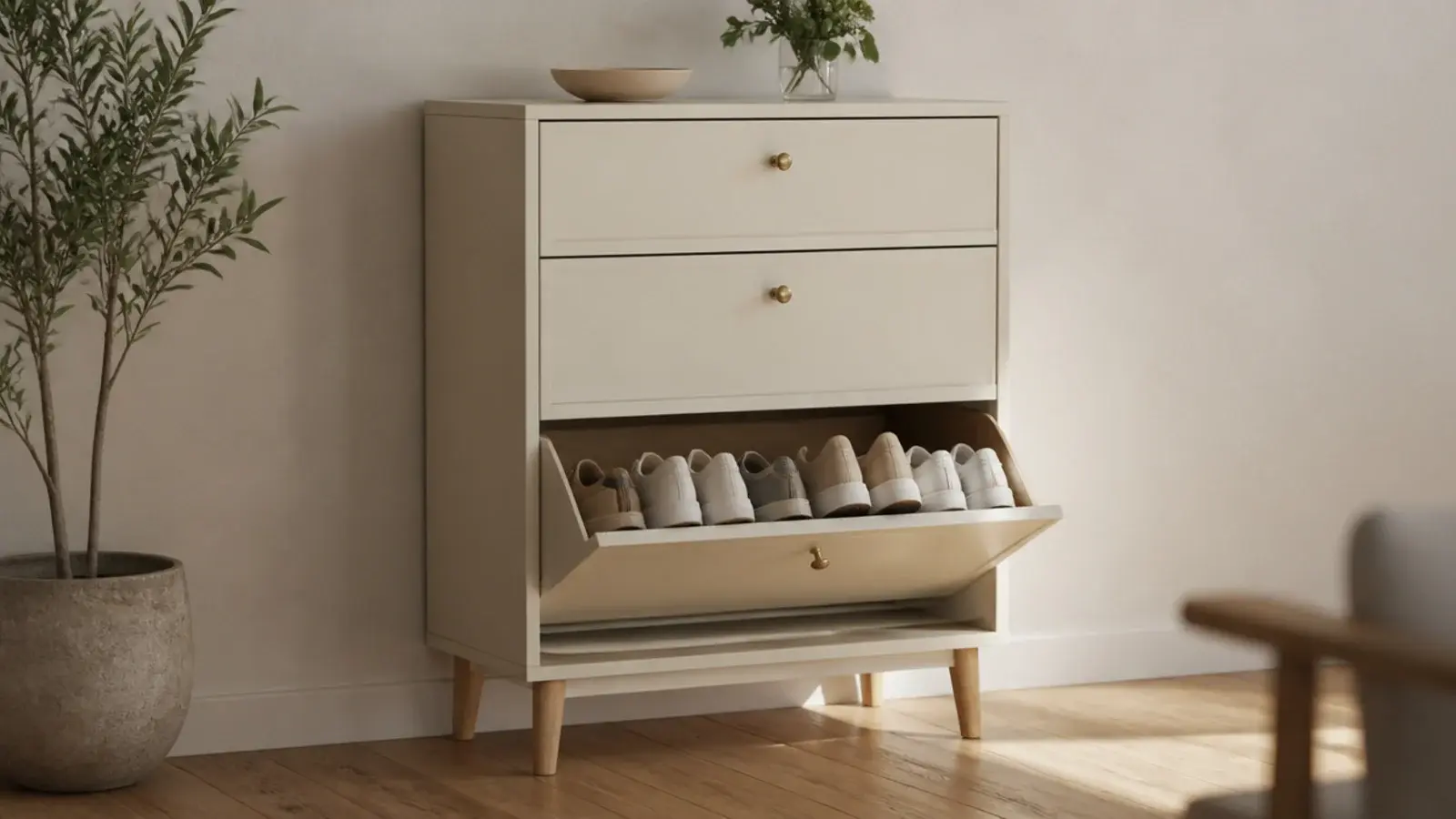 freestanding tilt out shoe cabinet standing clear of an untouched hallway wall