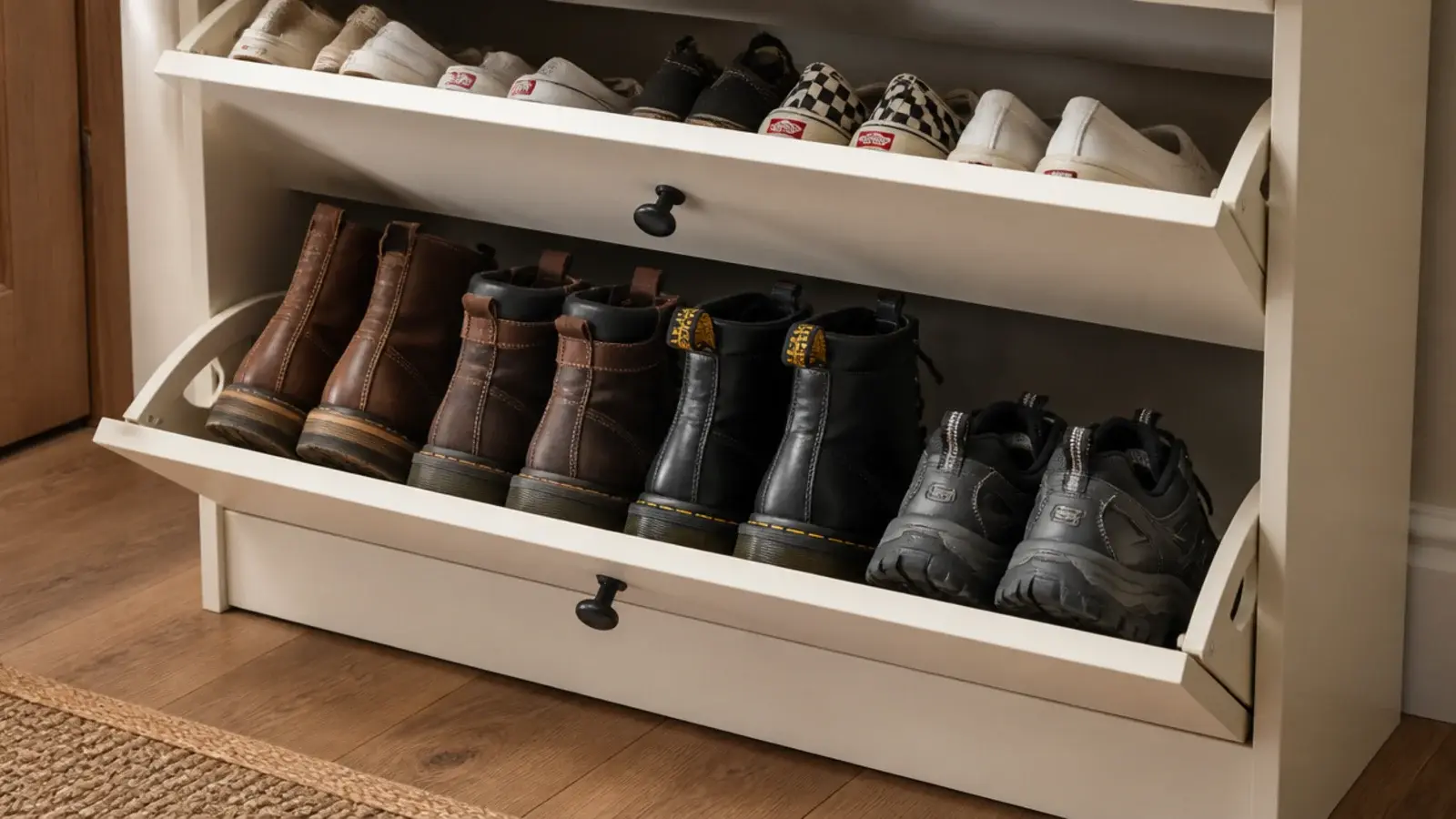 lowest drawer of a shoe cabinet loaded with the heaviest boots and shoes