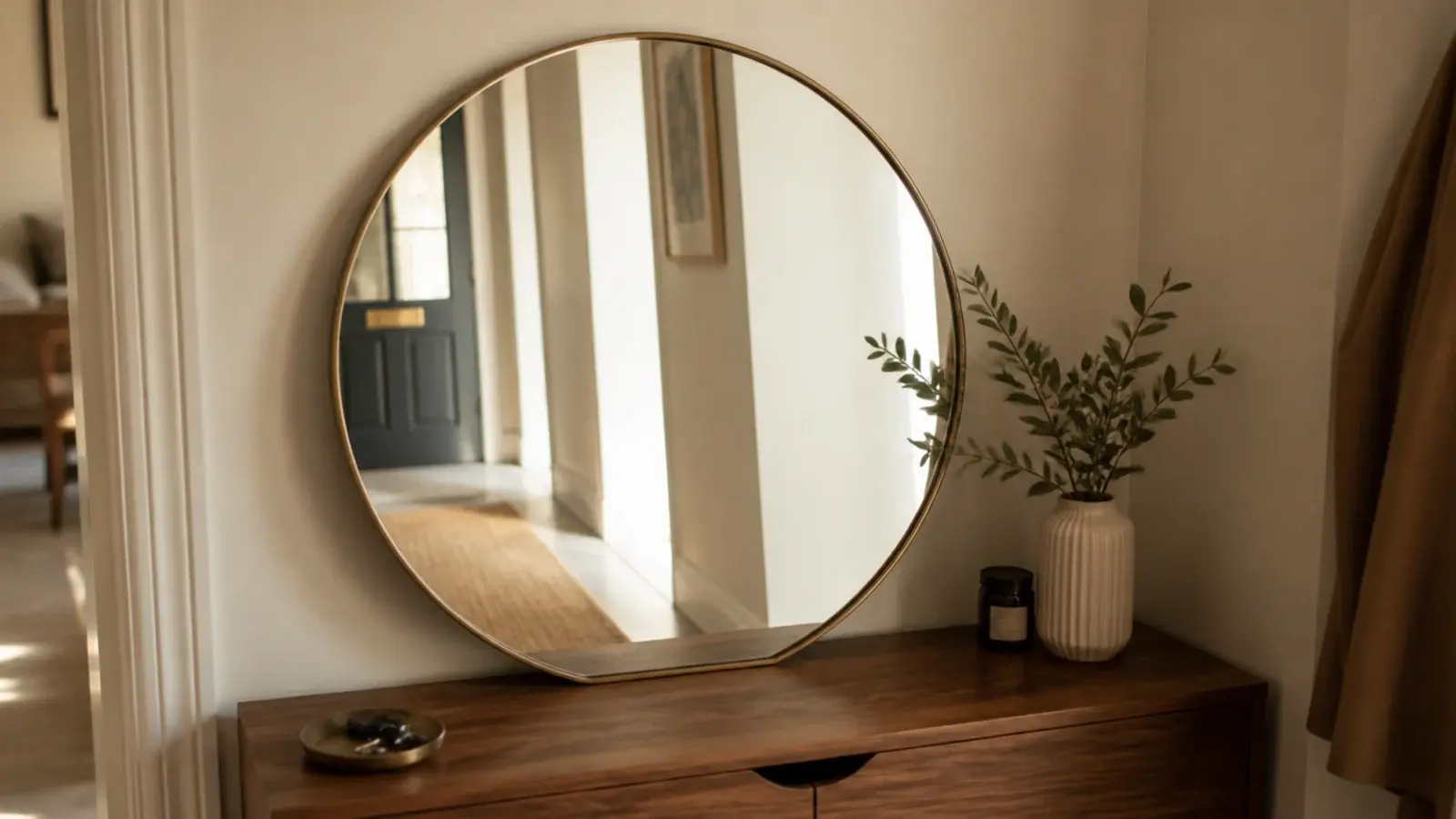 leaning round mirror resting on a shoe cabinet top in a dark hallway