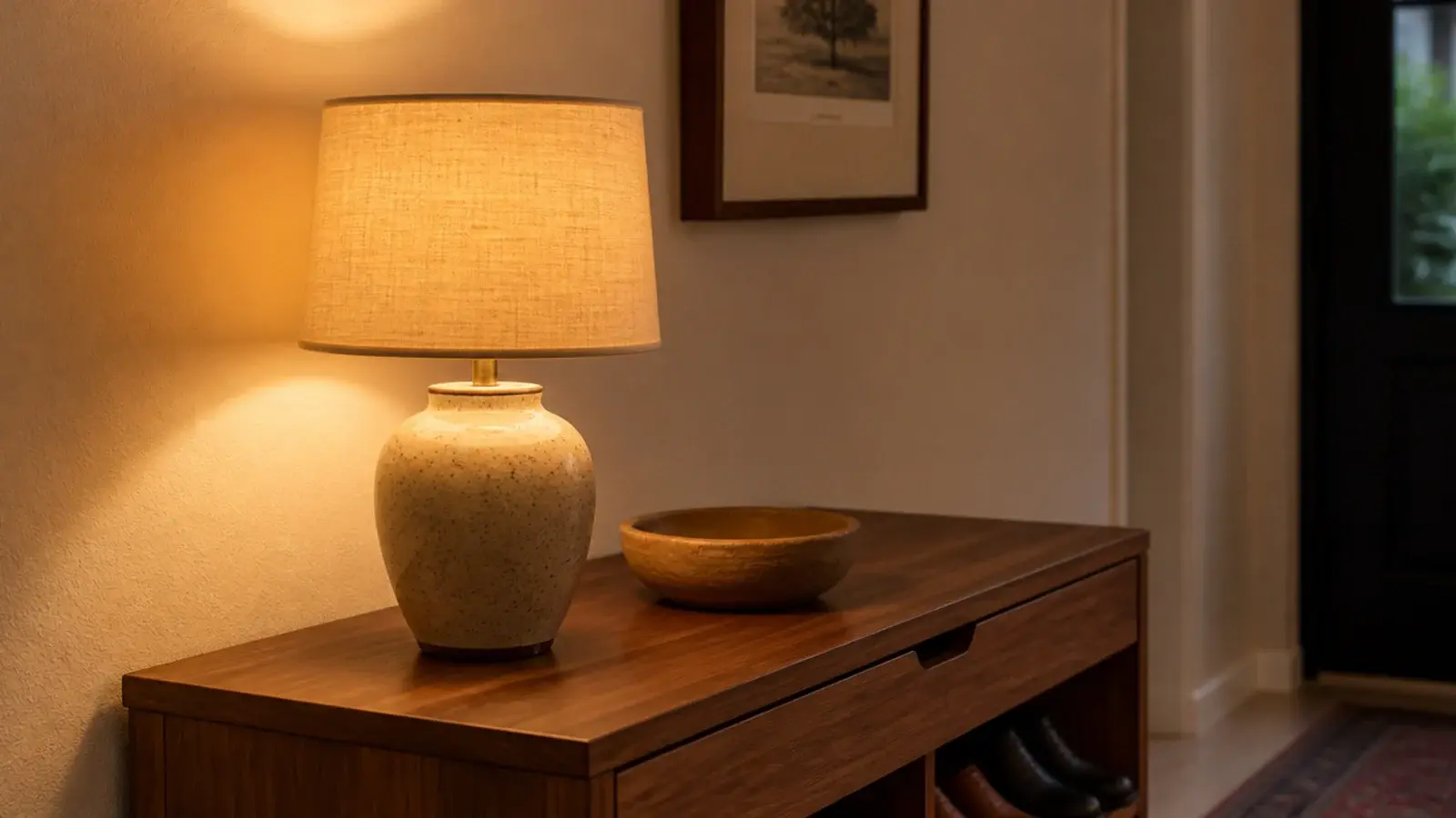 small ceramic lamp glowing on a wooden shoe cabinet in an entry hall