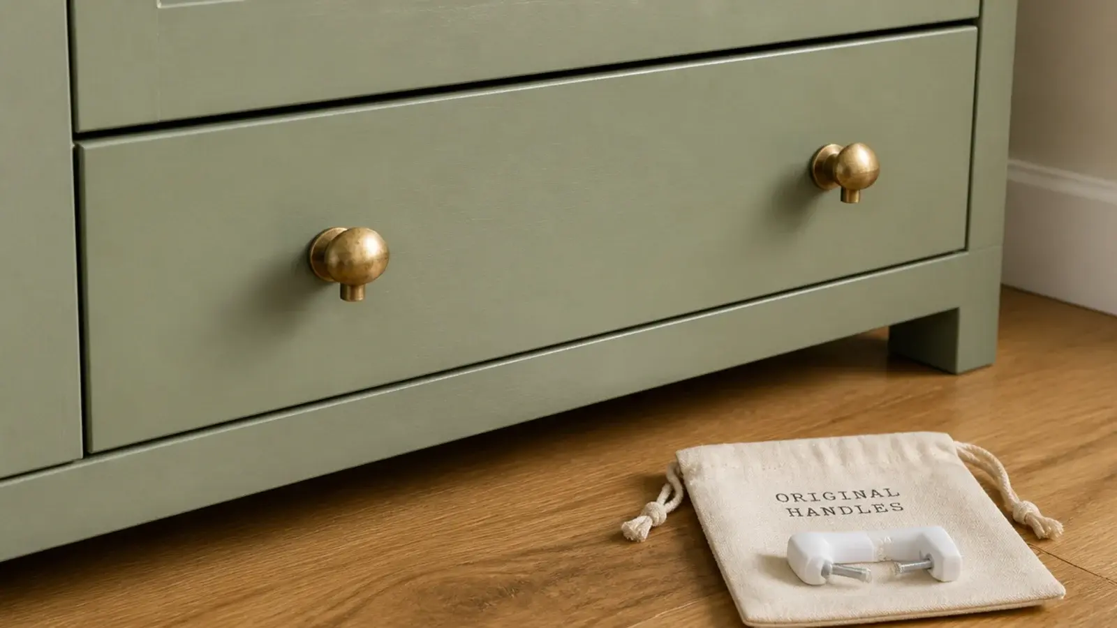 aged brass knobs fitted to a painted shoe cabinet with original handles nearby