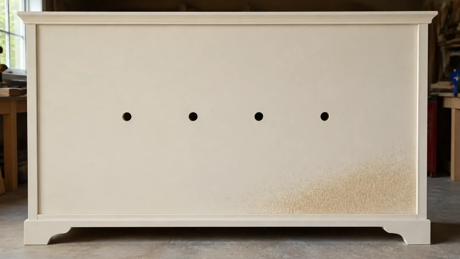 row of drilled ventilation holes in the back panel of a shoe cabinet