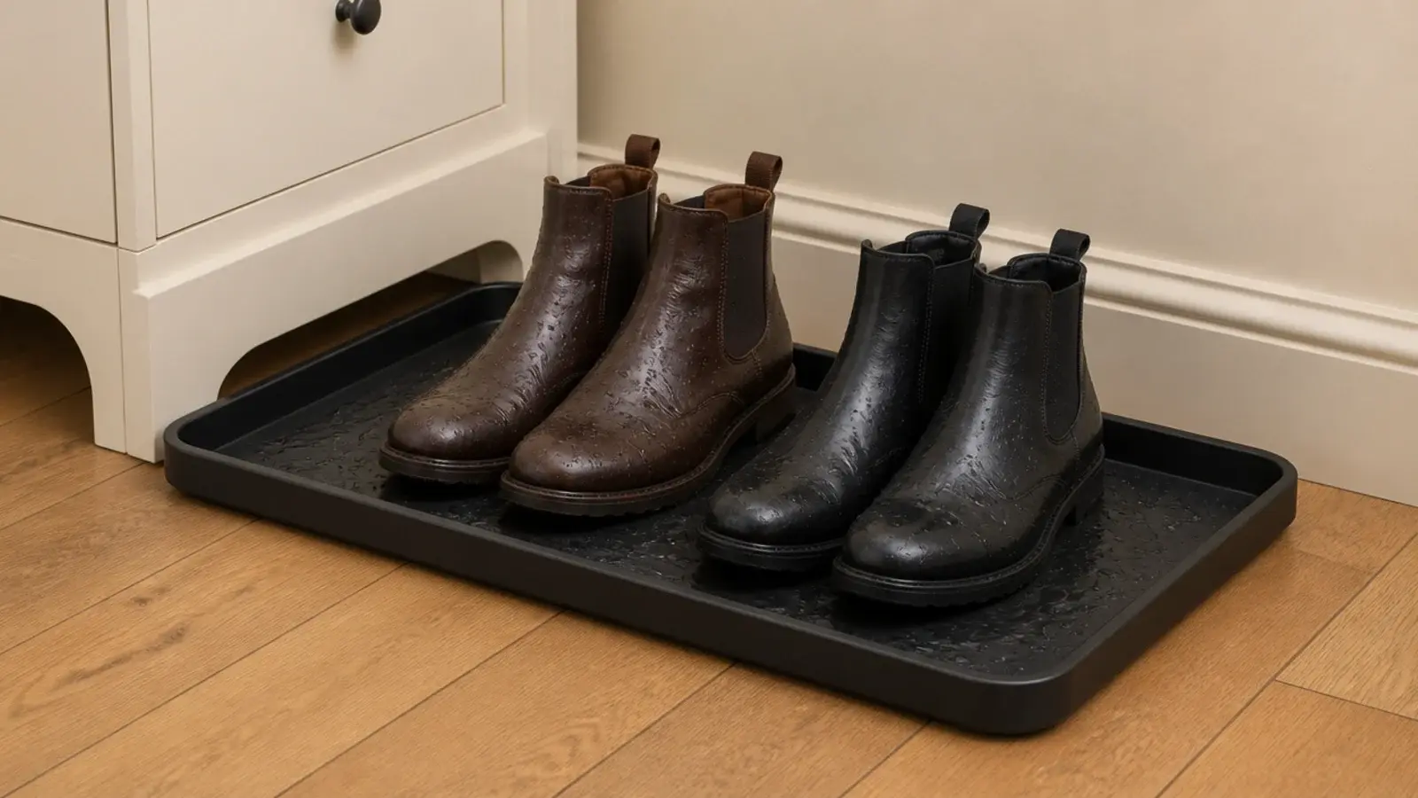 raised lip boot tray beside a shoe cabinet holding two damp leather boots