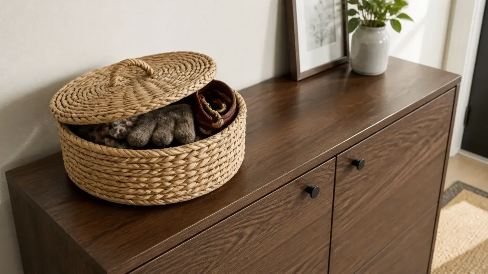 lidded seagrass basket on a shoe cabinet top holding gloves and a leash
