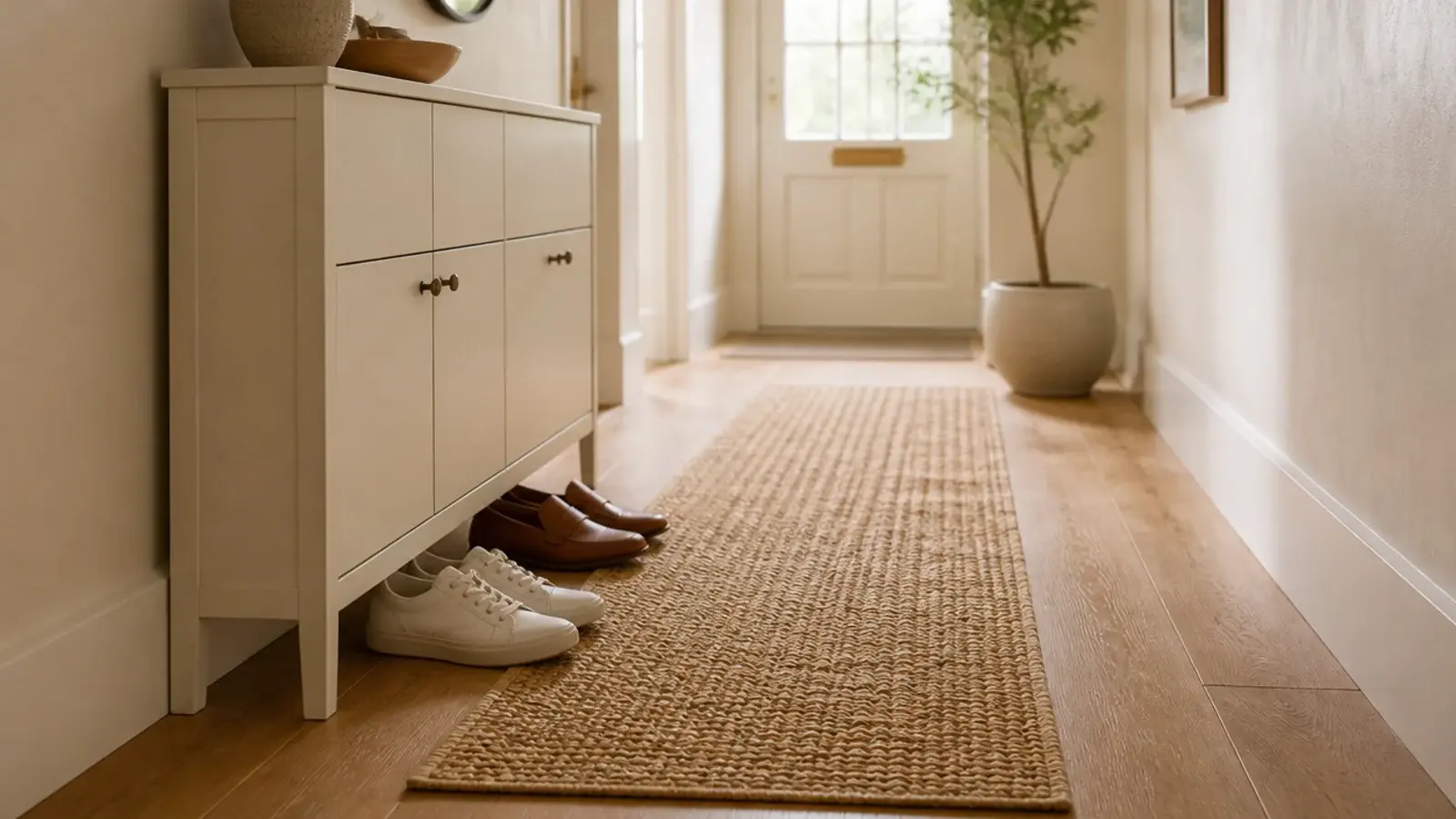 jute runner on the floor in front of a slim entryway shoe cabinet