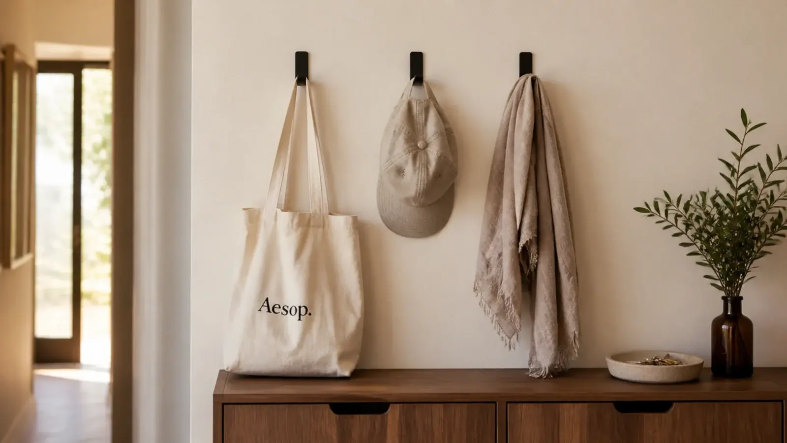three adhesive hooks above a shoe cabinet holding a tote and a cap