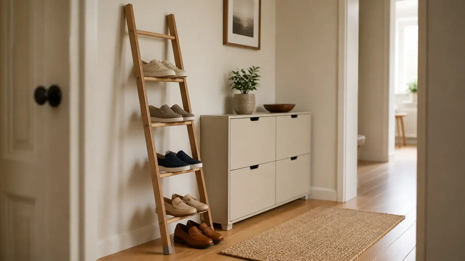 leaning oak ladder rack of flat shoes standing beside a shoe cabinet