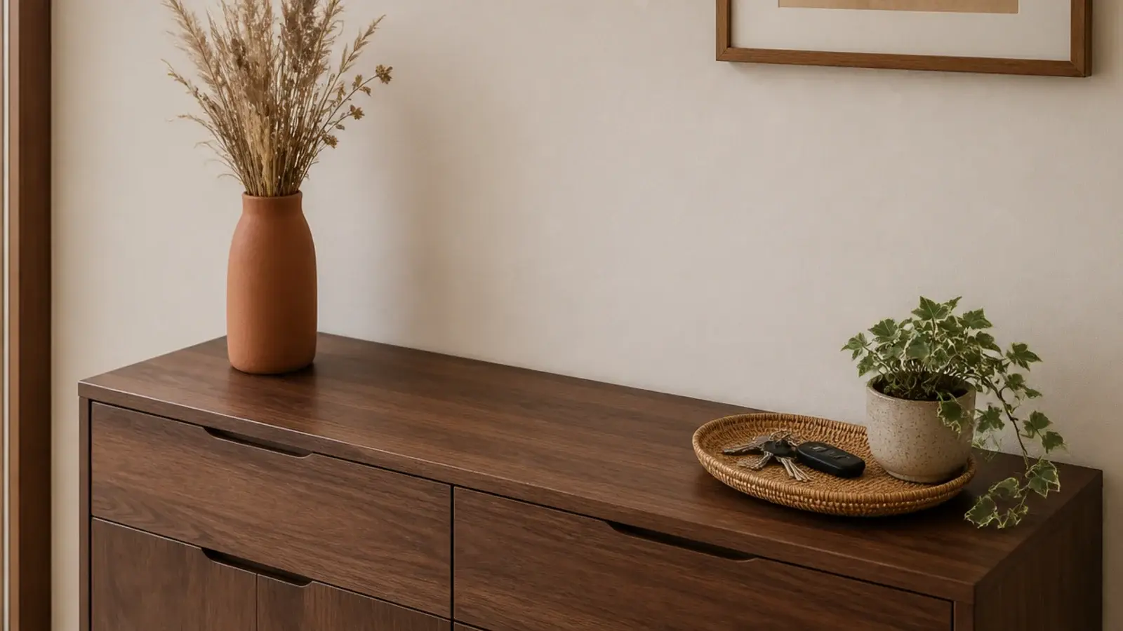 shoe cabinet top styled with only a tall vase a tray and greenery