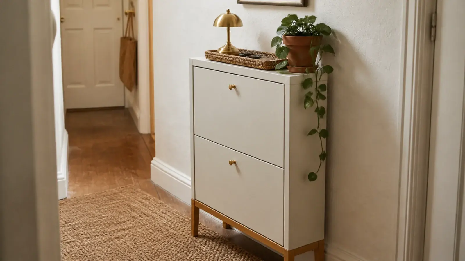 freestanding shoe cabinet decor styled with a rattan tray brass lamp and plant