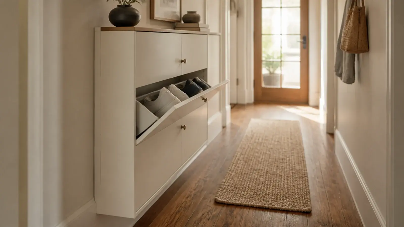 slim shoe cabinet for small spaces in a narrow cream hallway
