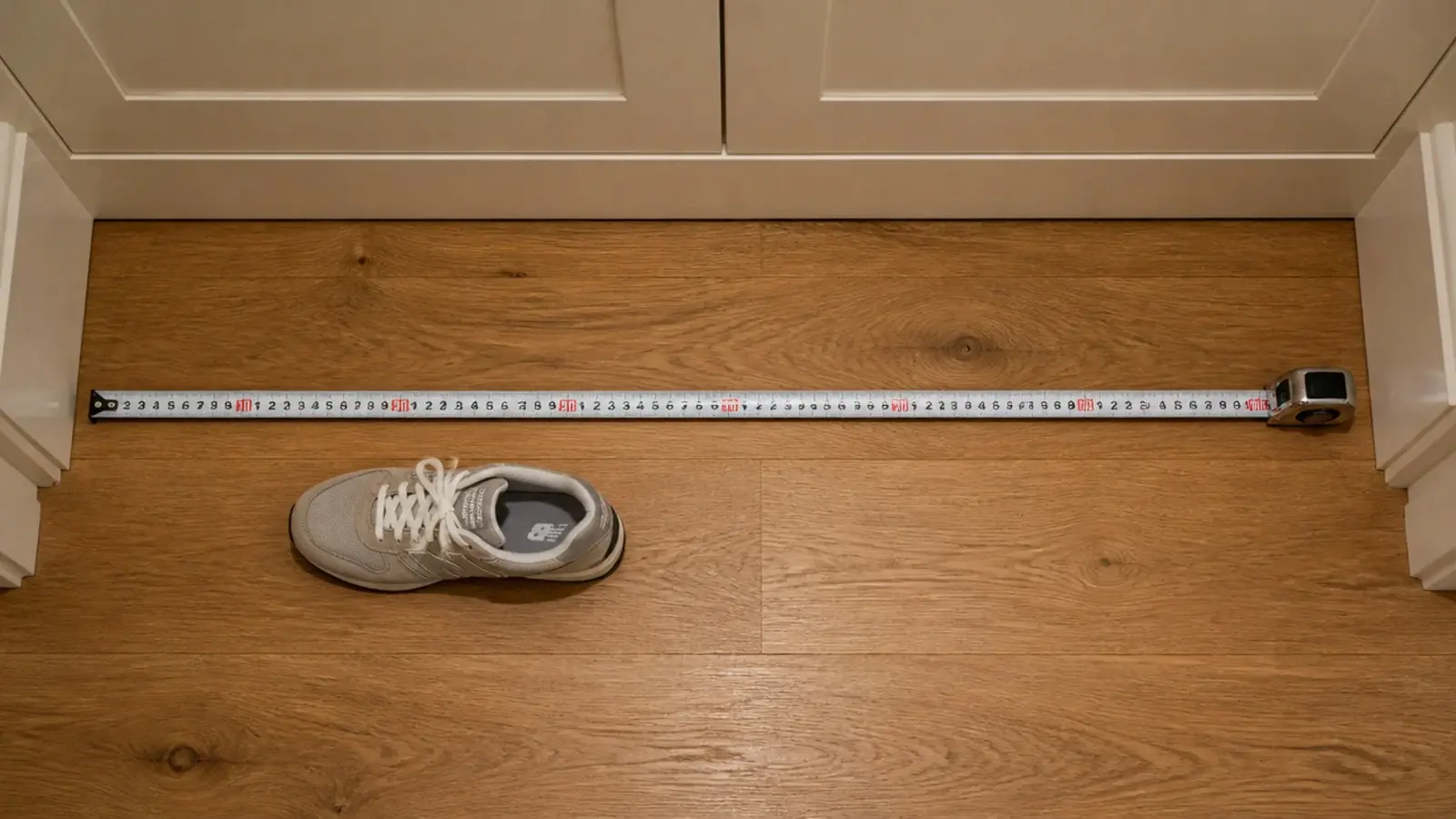 tape measure across a hallway floor showing walkway depth for a shoe cabinet