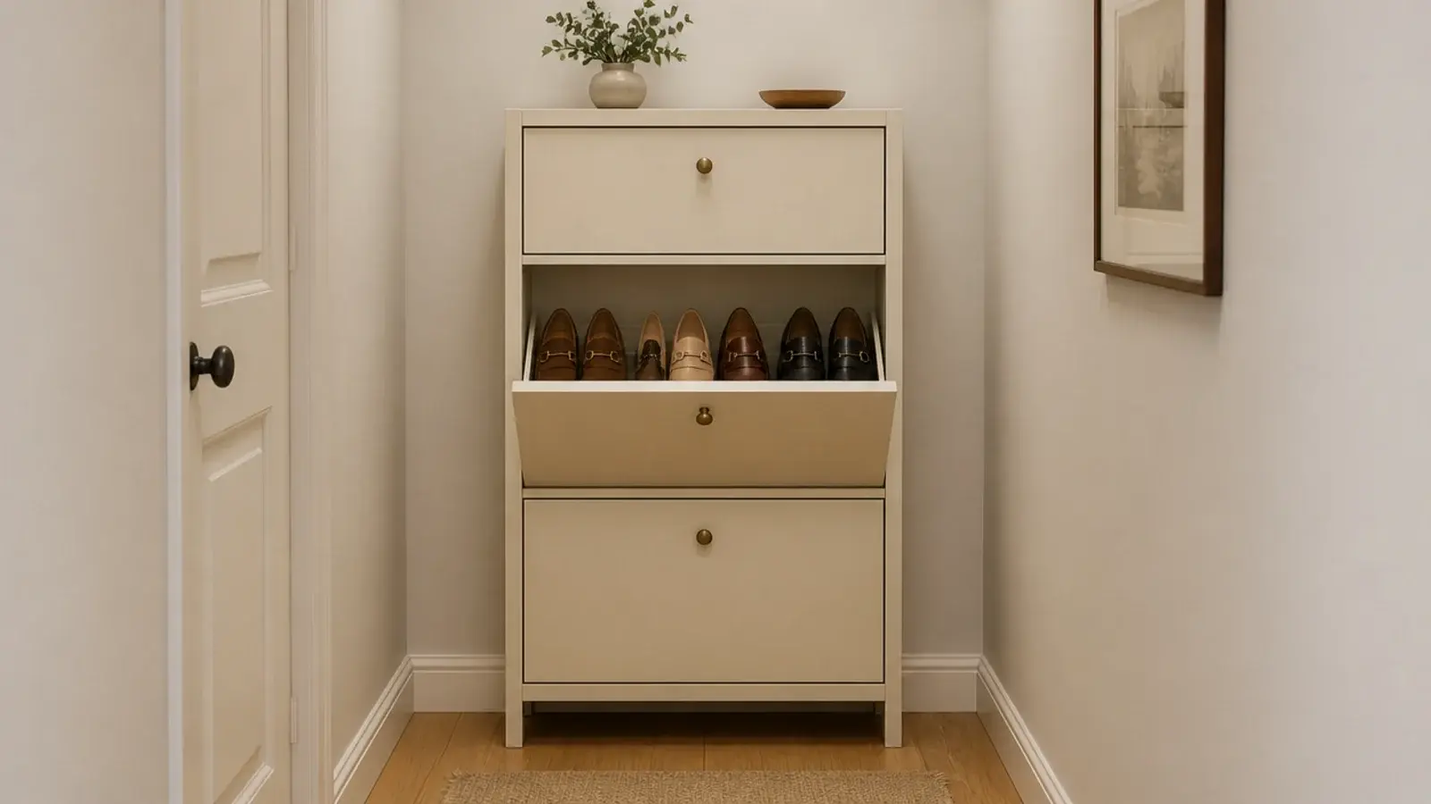 slim tilt out shoe cabinet with one drawer open showing angled shoes
