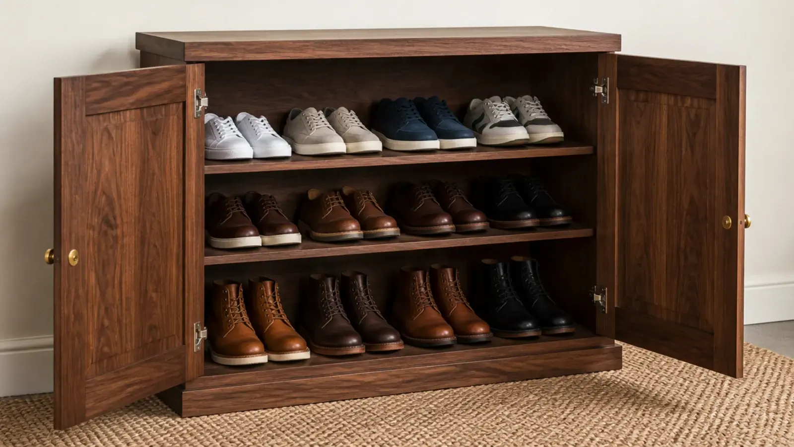 two door wooden shoe cabinet open showing flat shelves of neatly stored shoes