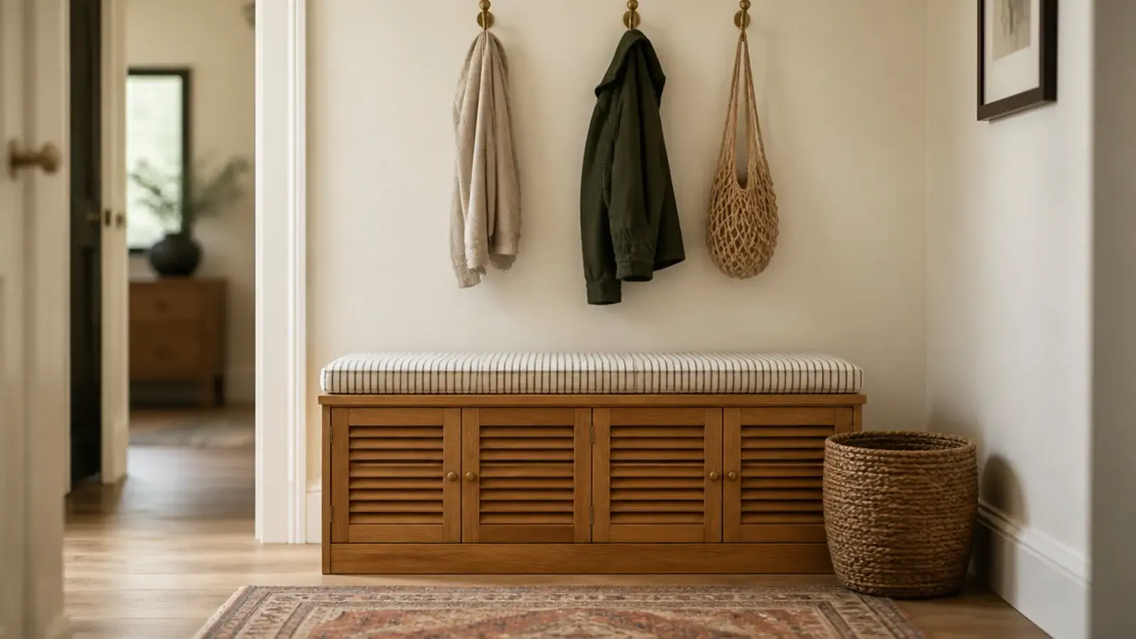 shoe cabinet bench with a linen cushion on top and closed doors below