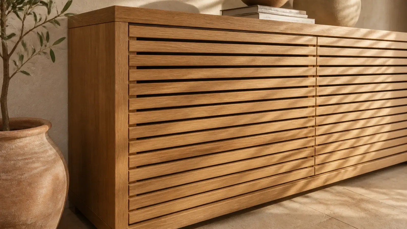 slatted oak cabinet doors ventilating a closed shoe cabinet in a hallway