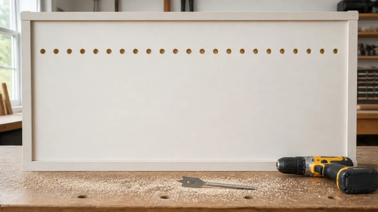 row of half inch holes drilled through the back panel of a shoe cabinet