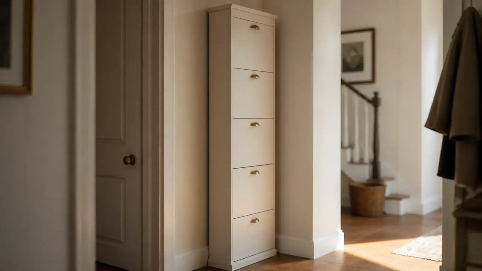 tall narrow shoe cabinet tower filling a slim strip of hallway wall