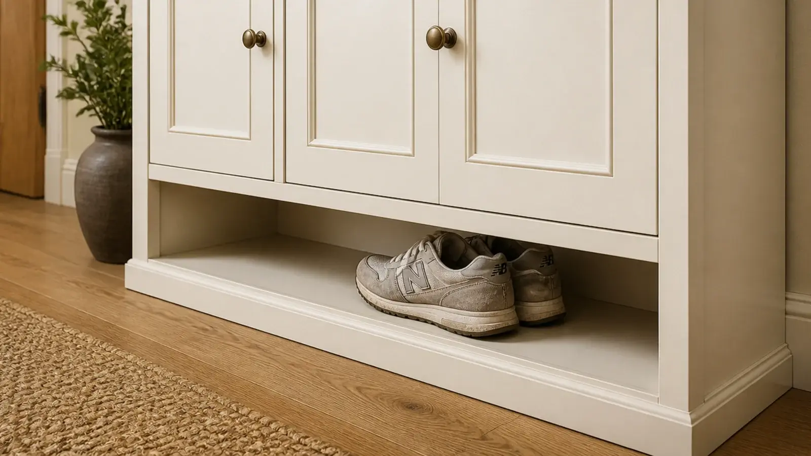 shoe cabinet with a single open bottom cubby holding everyday sneakers