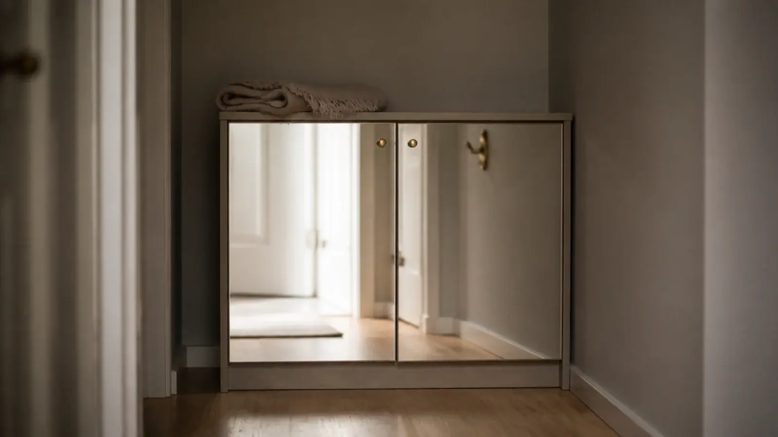 shoe cabinet with mirror fronted doors reflecting light in a narrow hallway