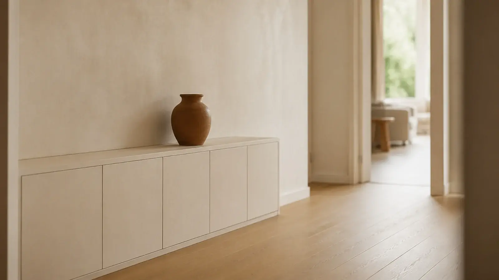 shoe cabinet painted the same cream as the hallway wall behind it