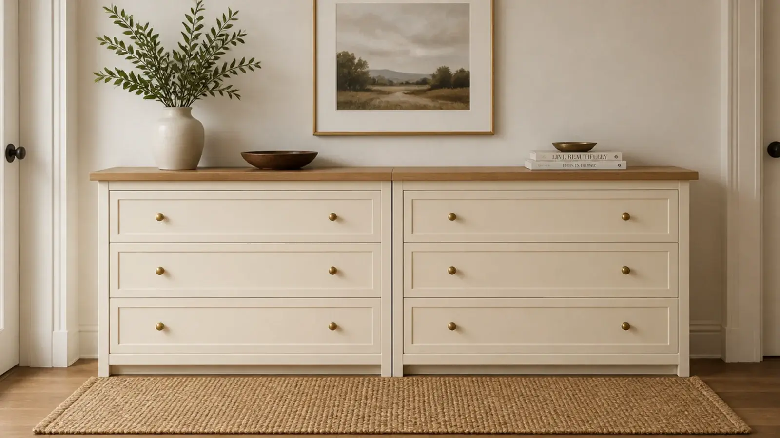 pair of shallow shoe cabinets side by side along a narrow hallway wall