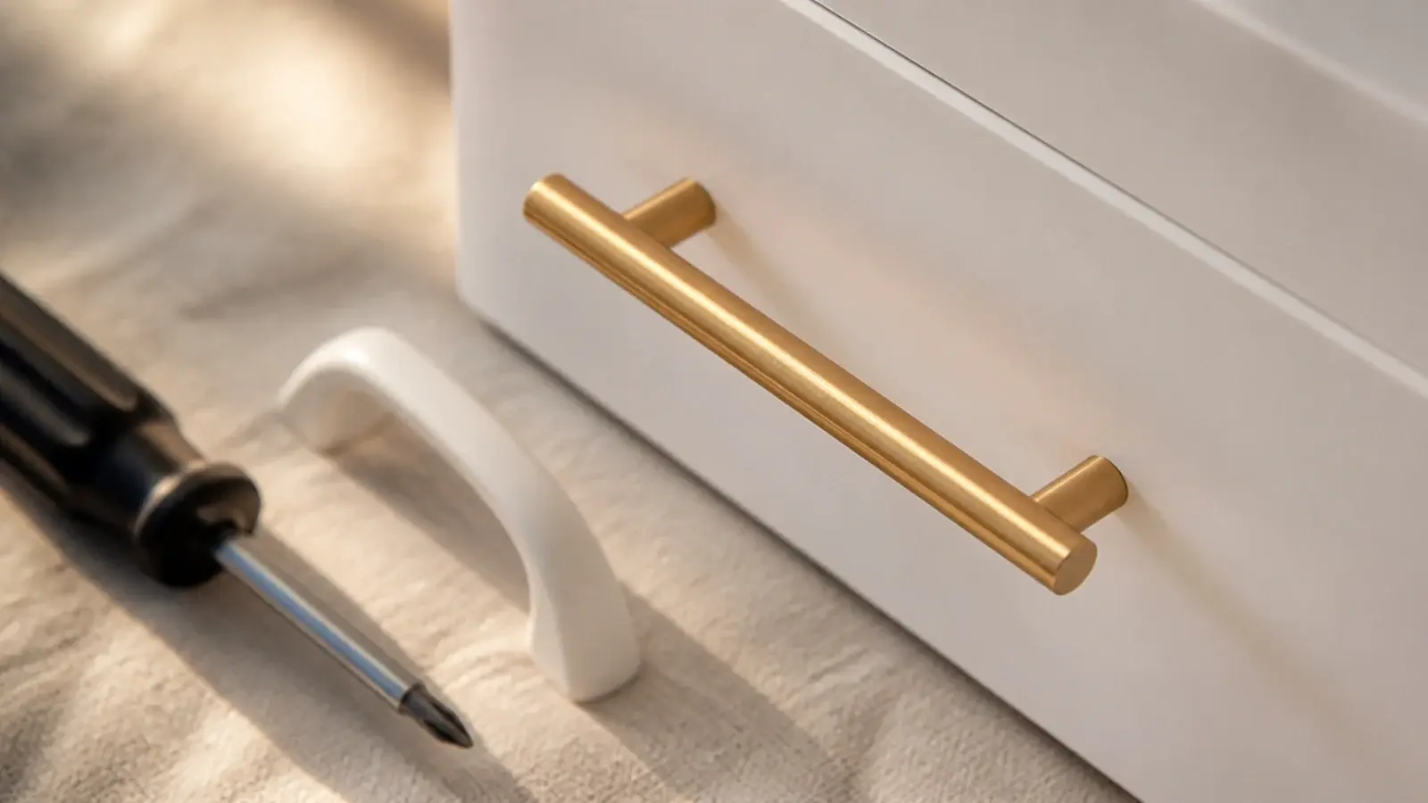 brass bar handles fitted to a plain white shoe cabinet door front