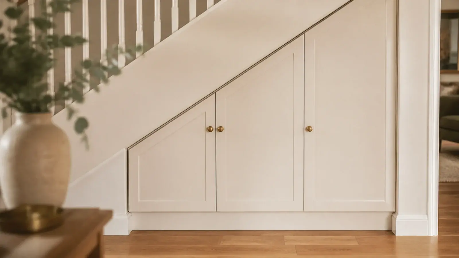 low shoe cabinet fitted into the sloping space beneath a staircase