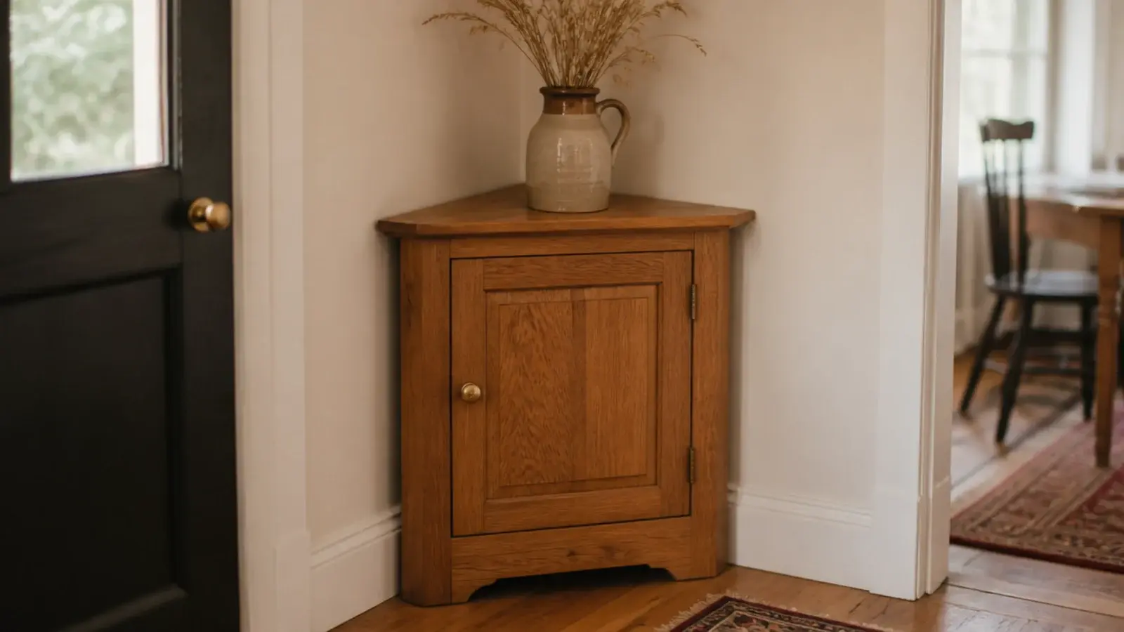 triangular corner shoe cabinet tucked into an entryway corner with doors closed