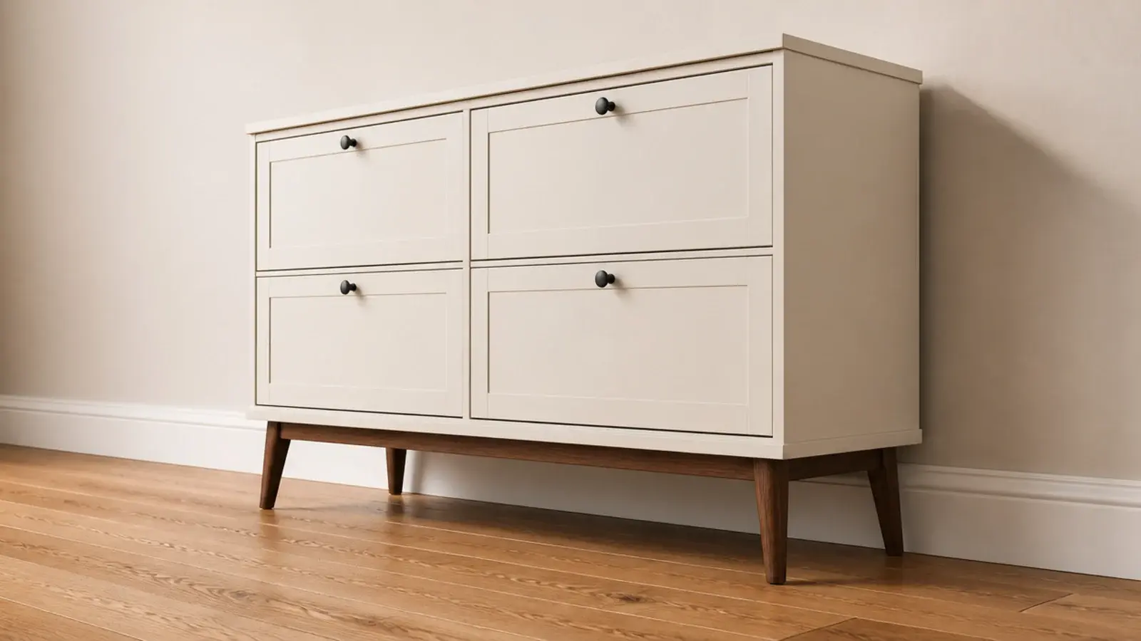 shoe cabinet raised on tapered wooden legs above a clear hallway floor