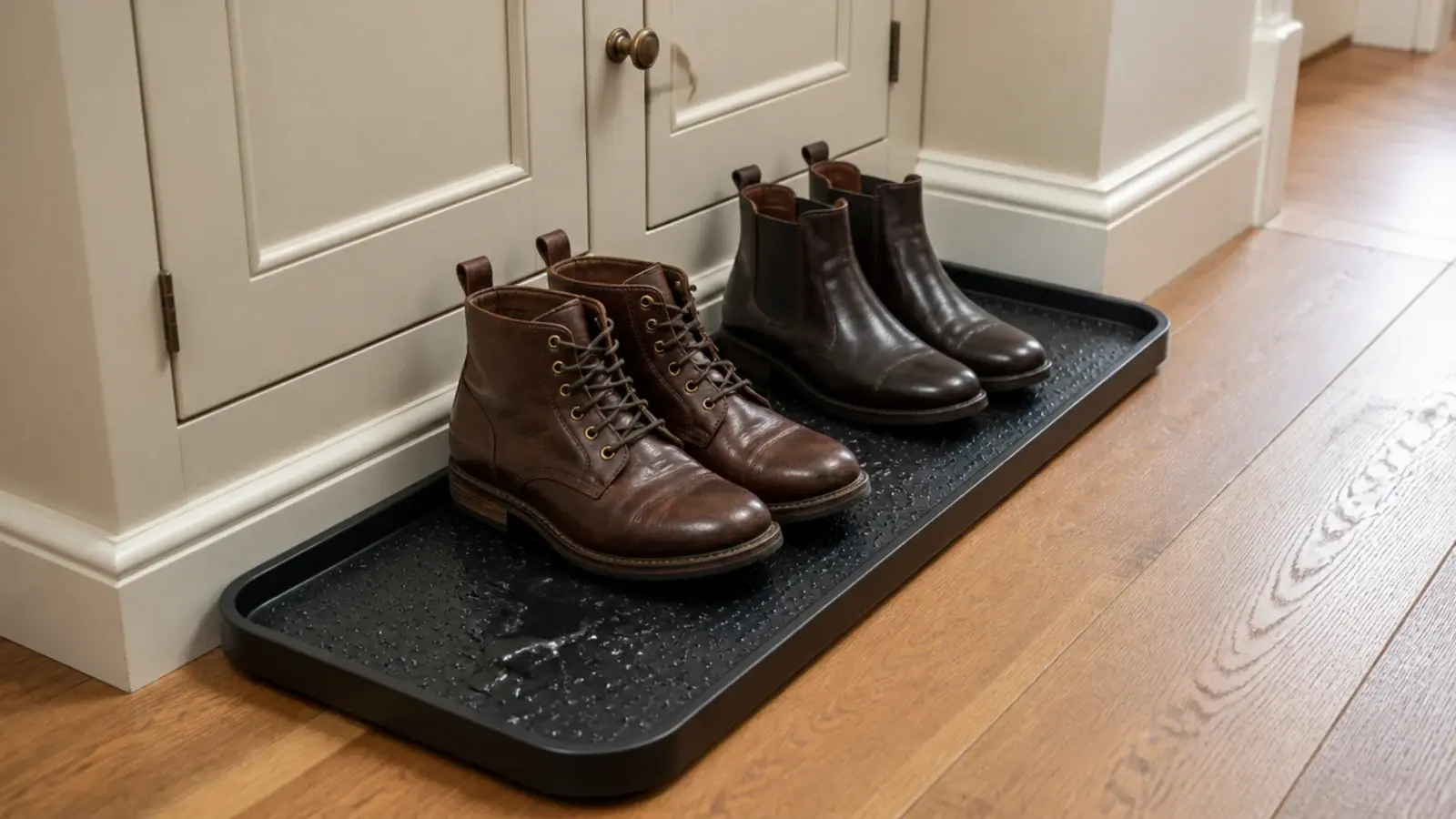 raised lip boot tray on the floor beside a closed hallway shoe cabinet
