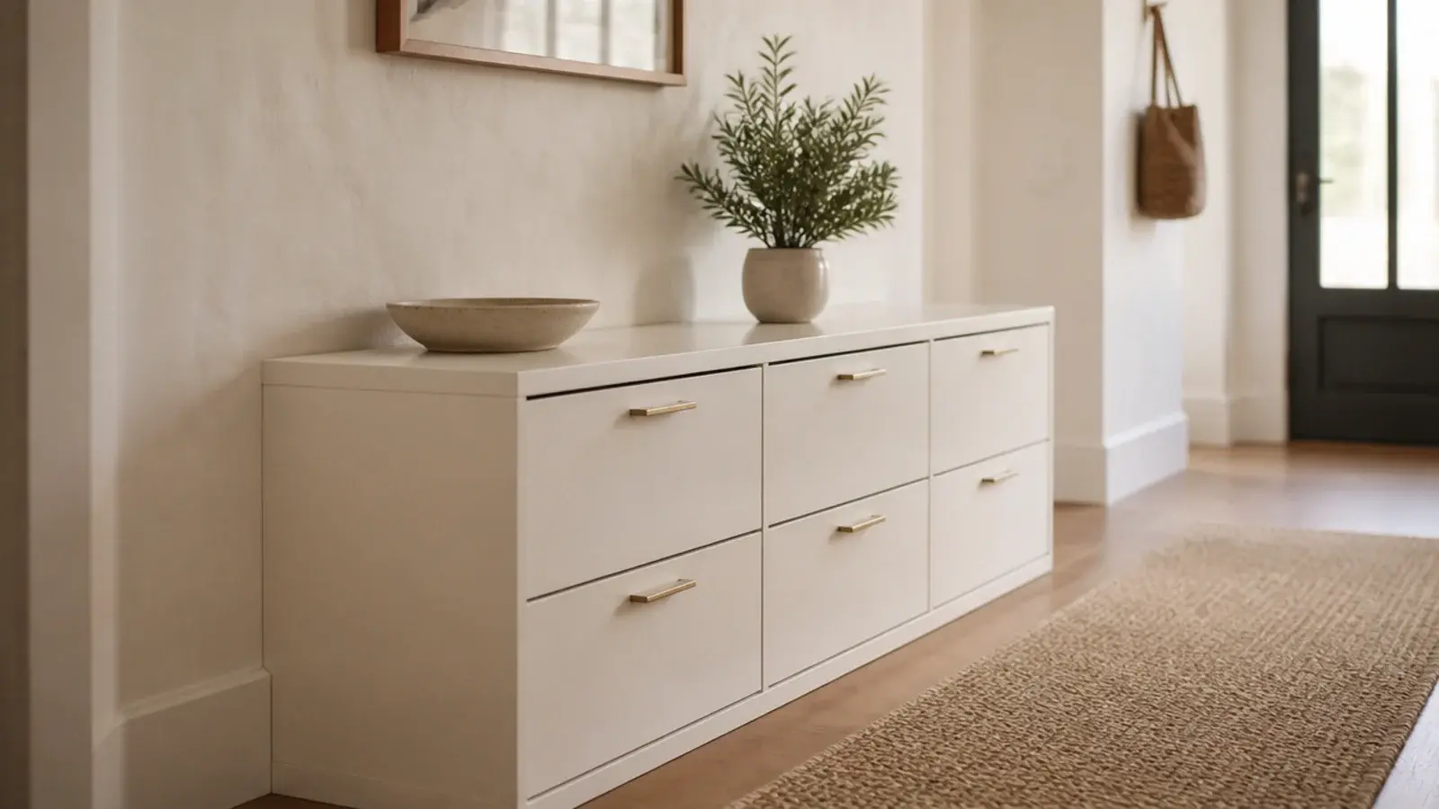 closed shoe cabinet in a cream entryway with brass handles and stoneware bowl