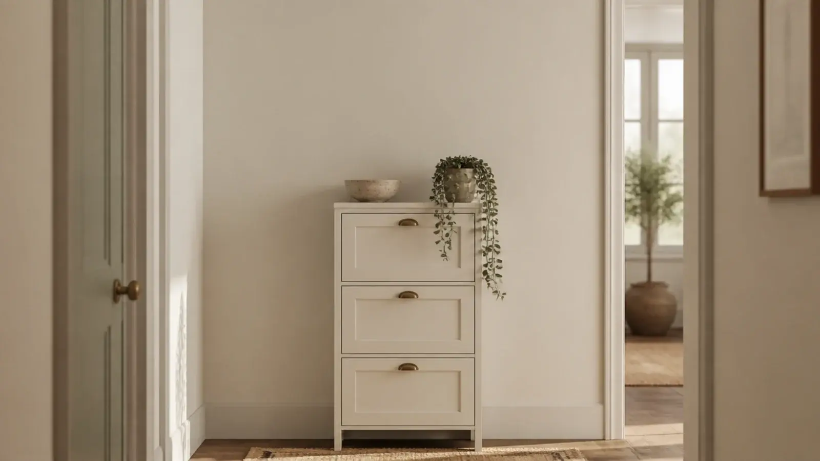 vertical hallway view of a slim shoe cabinet with brass pulls and plants