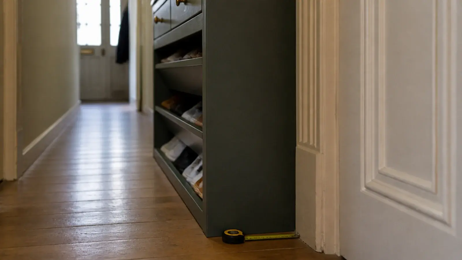 deep shoe cabinet jutting into a narrow hallway beside a doorframe