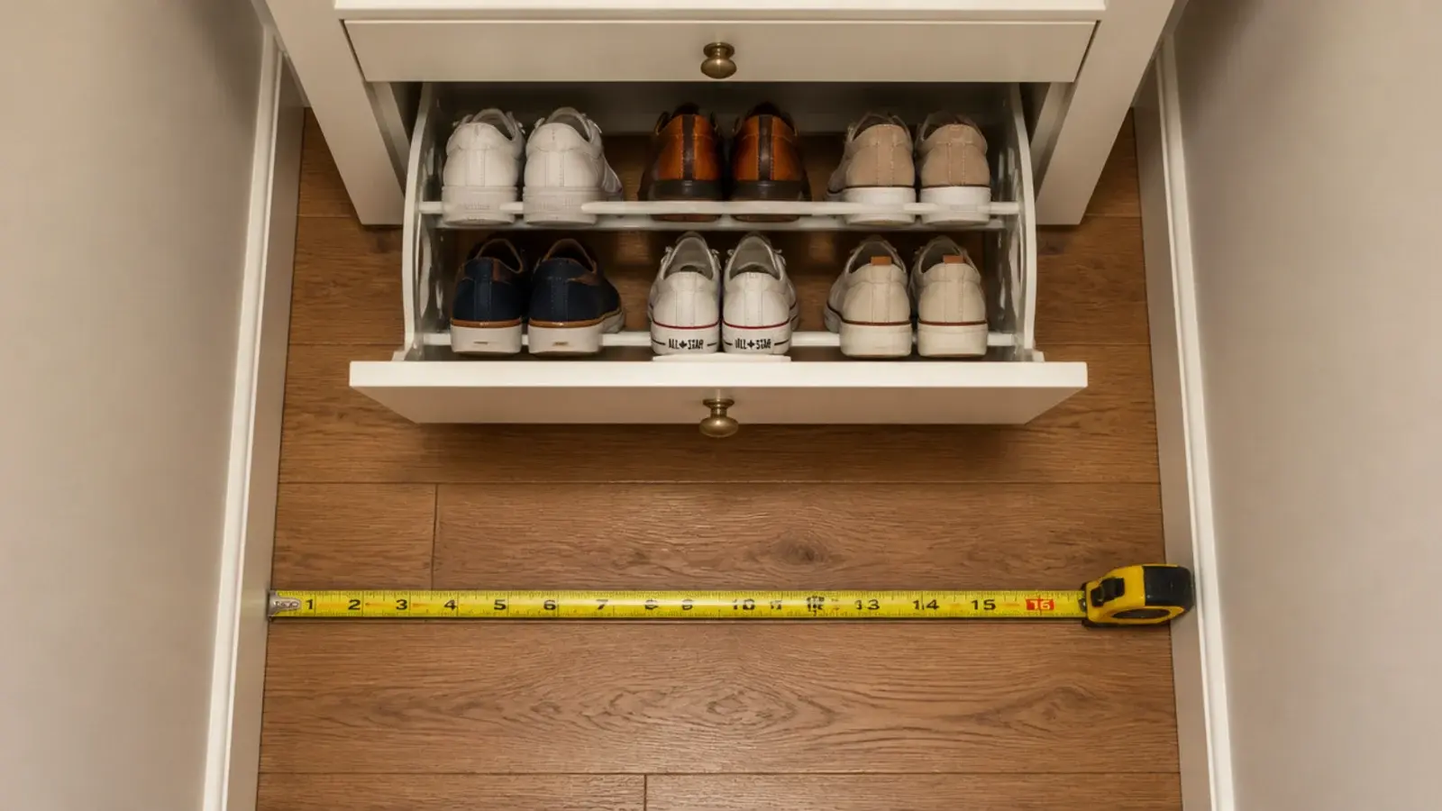 tilt out drawer swung open into a hallway showing lost floor clearance