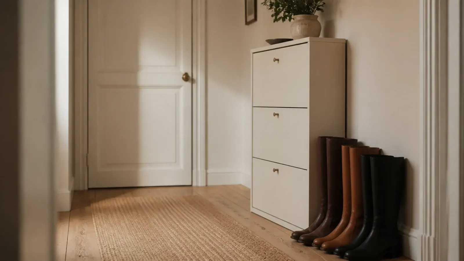 leather boots standing on the floor beside a full closed shoe cabinet