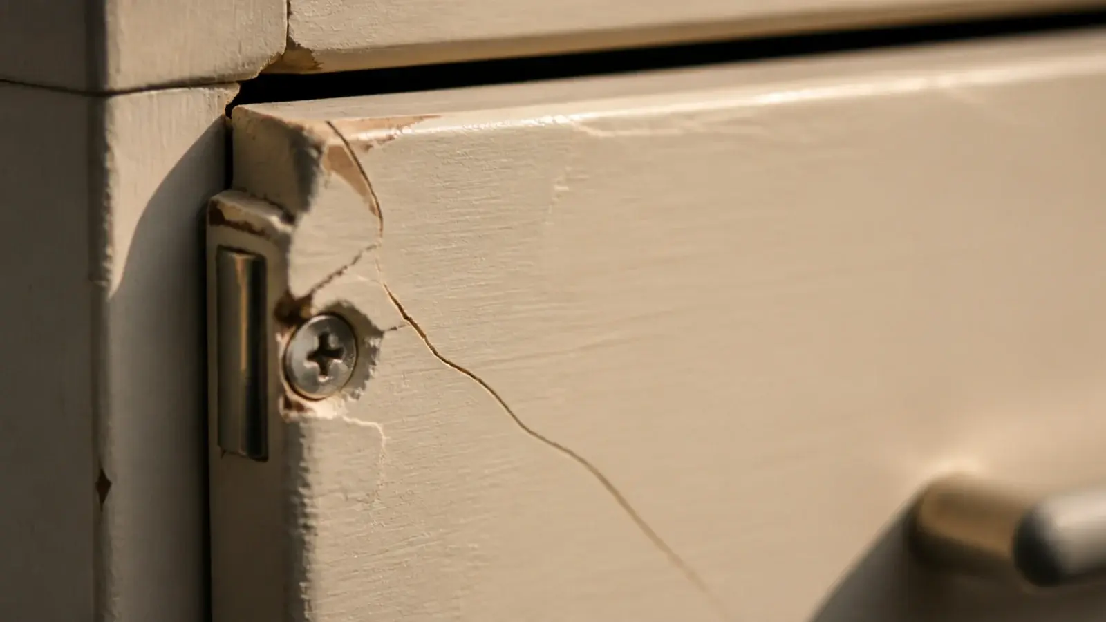 cracked paint at the corner of a slammed shoe cabinet drawer front