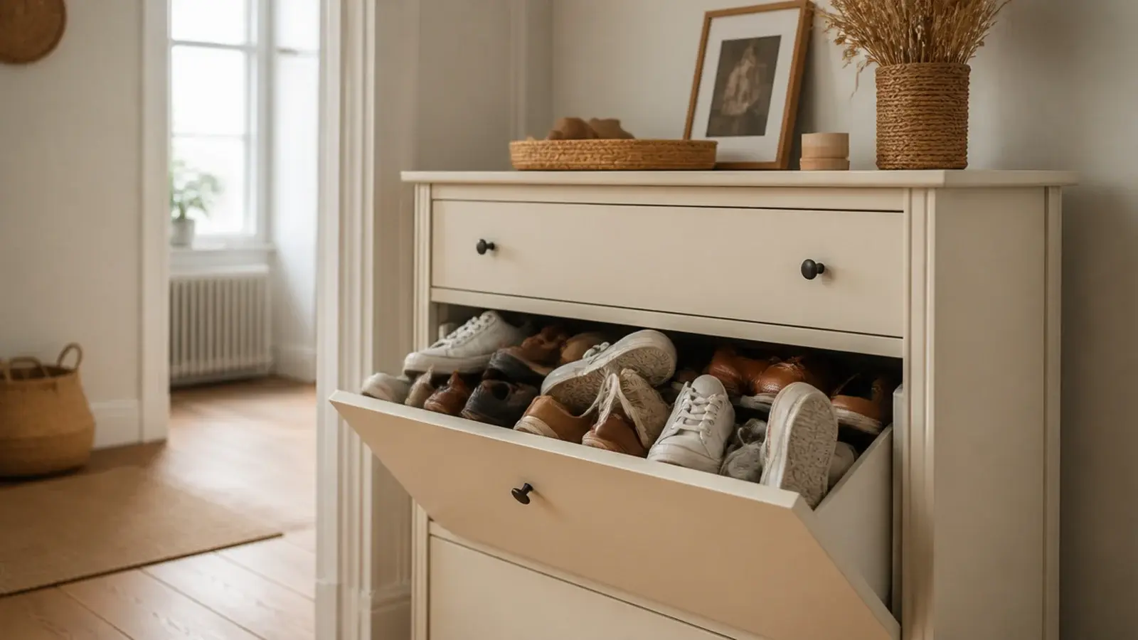 shoe cabinet mistakes visible in a crowded hallway with damp boots inside