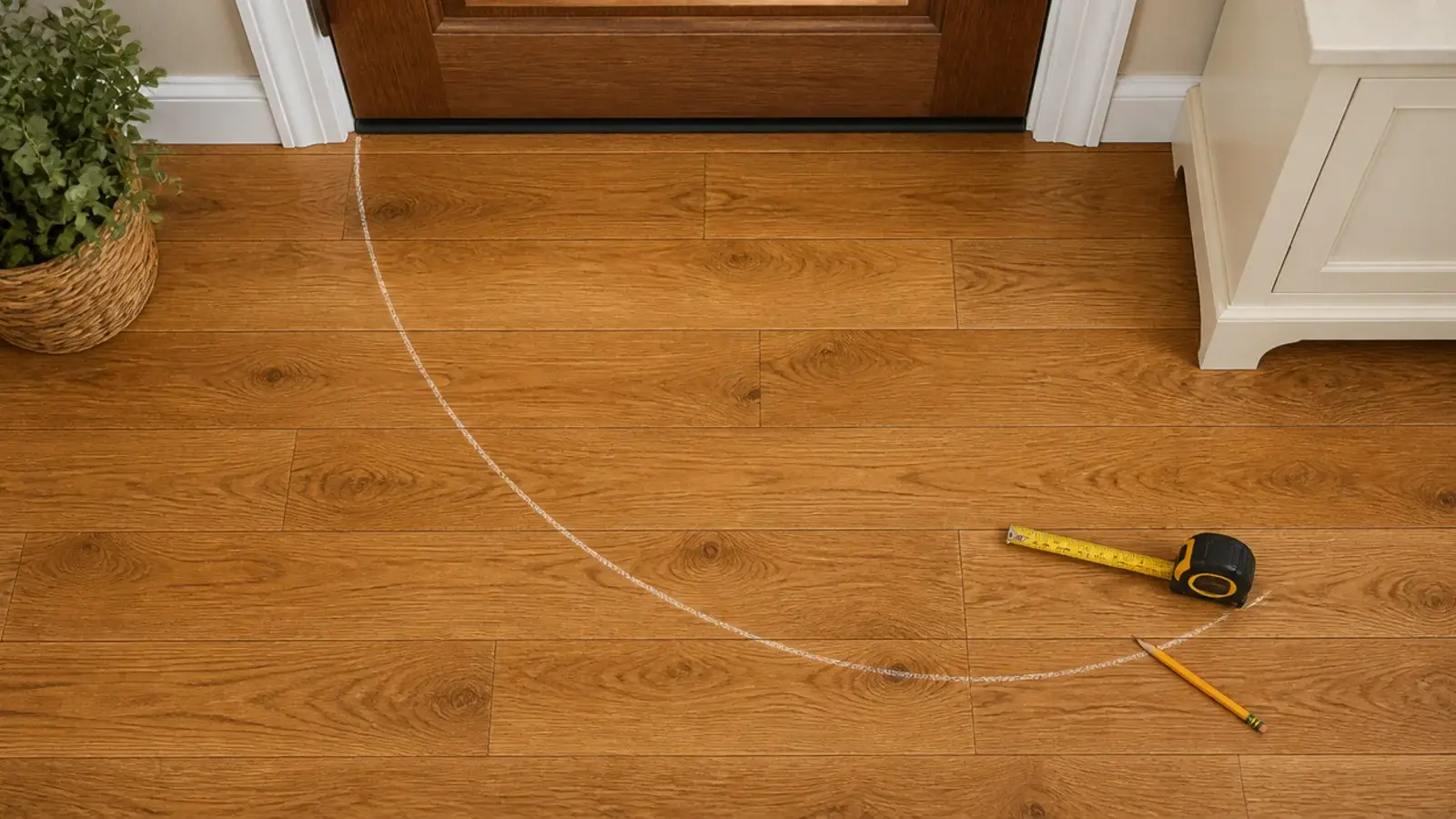 chalk arc on an entry floor mapping the door swing beside a shoe cabinet