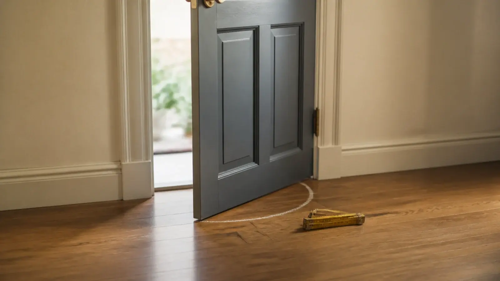 front door part open above a chalk swing arc in a small entryway