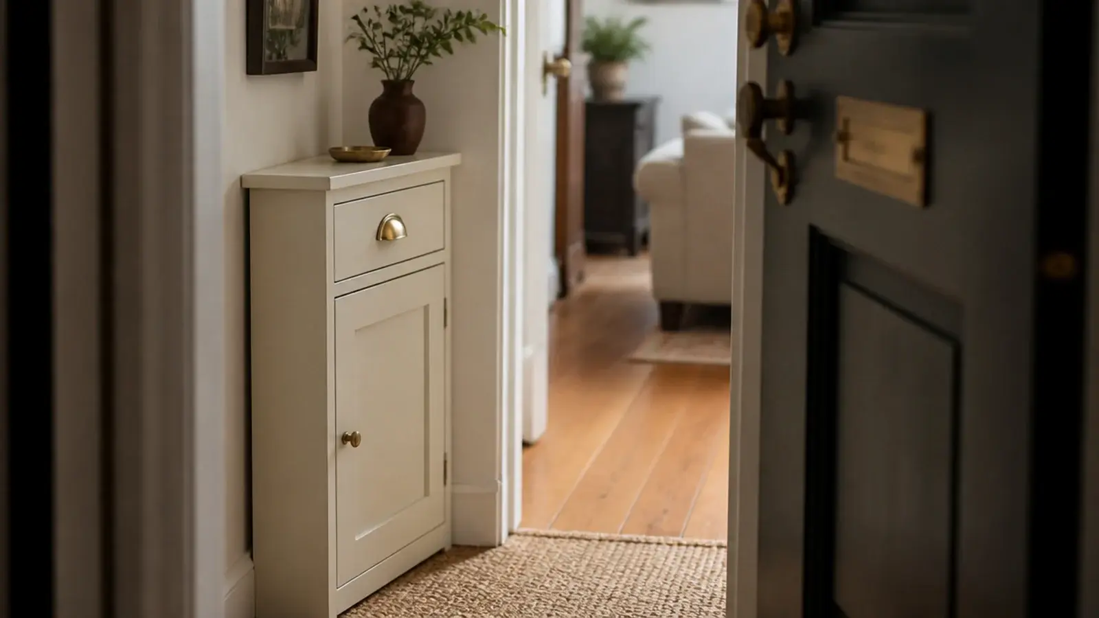 low shoe cabinet placed on the hinge side wall of a small entry door