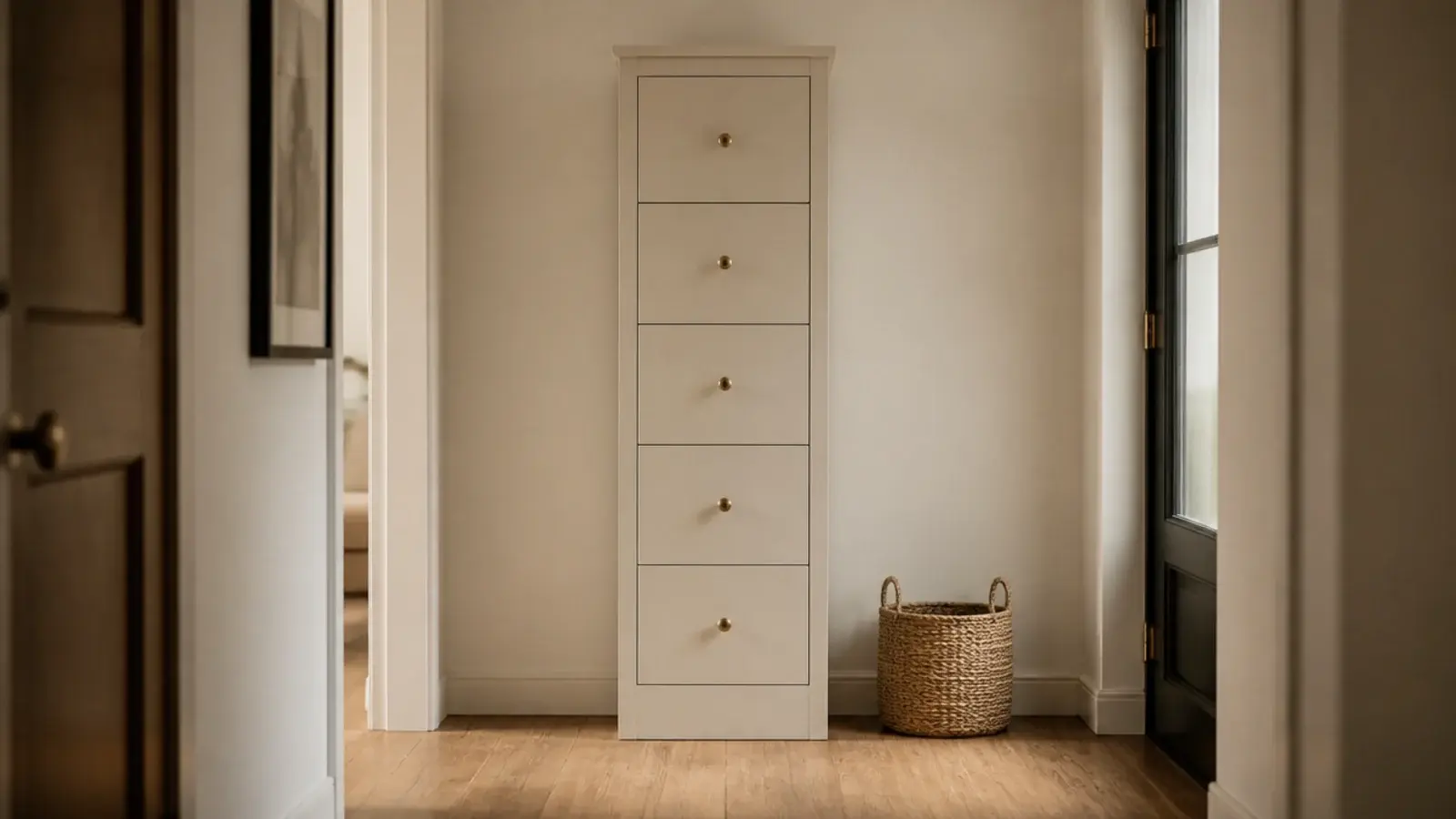 single tall shoe cabinet against one wall of a small entryway