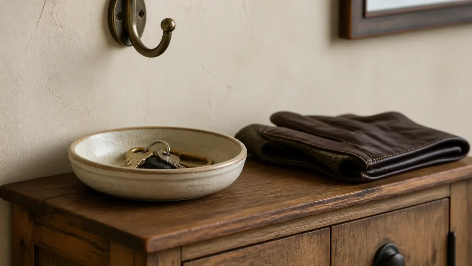 shoe cabinet top at hip height holding a key bowl in a small entry